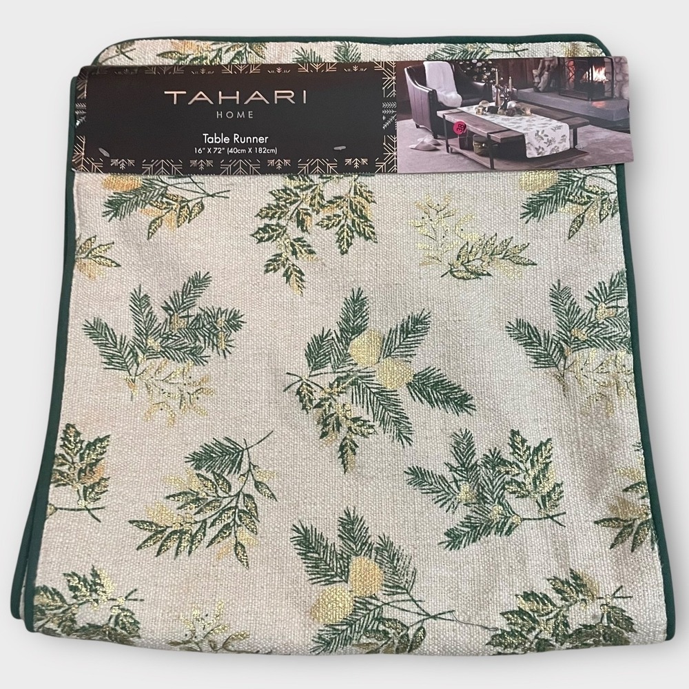 Tahari Home Table Runner Pinecone Leaf Green Gold‎ Metallic Holiday Christmas